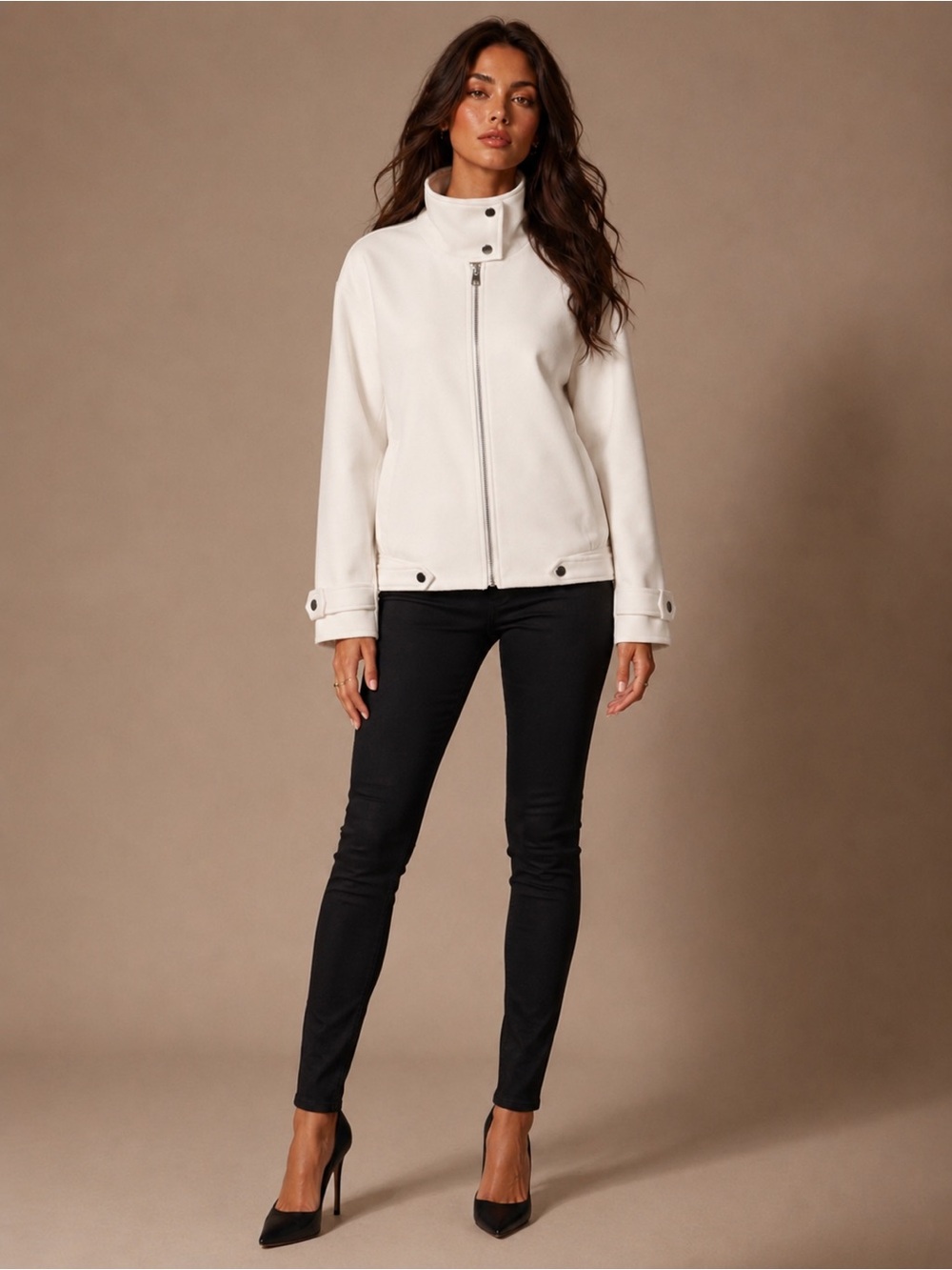 Women's Ivory High-Collar Zip Bomber Jacket
